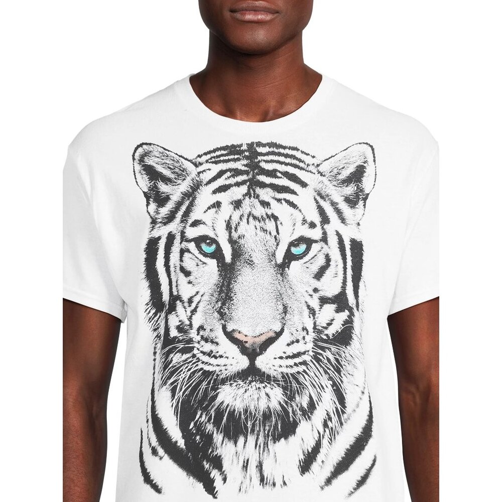 Humor Mens White Tiger Print Graphic T-Shirt Black Blue Eyes Animal Size L Large